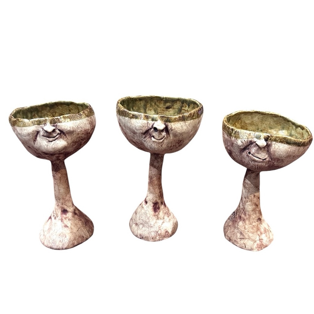 Terra Cotta Face Goblets Chalice Wine Glass Weirdo Glasses Set of 3
